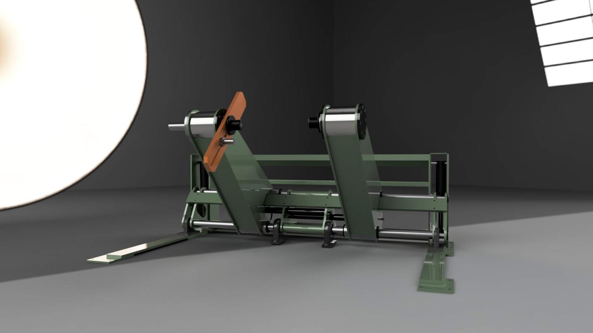 Bobinatore industriale GF - Vista laterale dettaglio tecnico bracci oliodinamici con sfondo